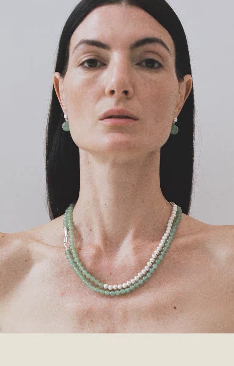 Two-Tone Brushed S925 Silver & Green Aventurine Beaded Necklace - floysun