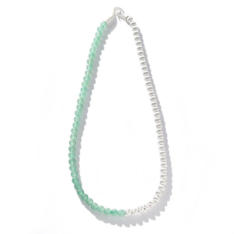 Two-Tone Brushed S925 Silver & Green Aventurine Beaded Necklace - floysun