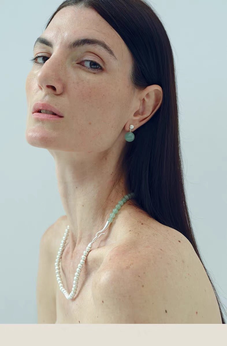 Two-Tone Brushed S925 Silver & Green Aventurine Beaded Necklace - floysun