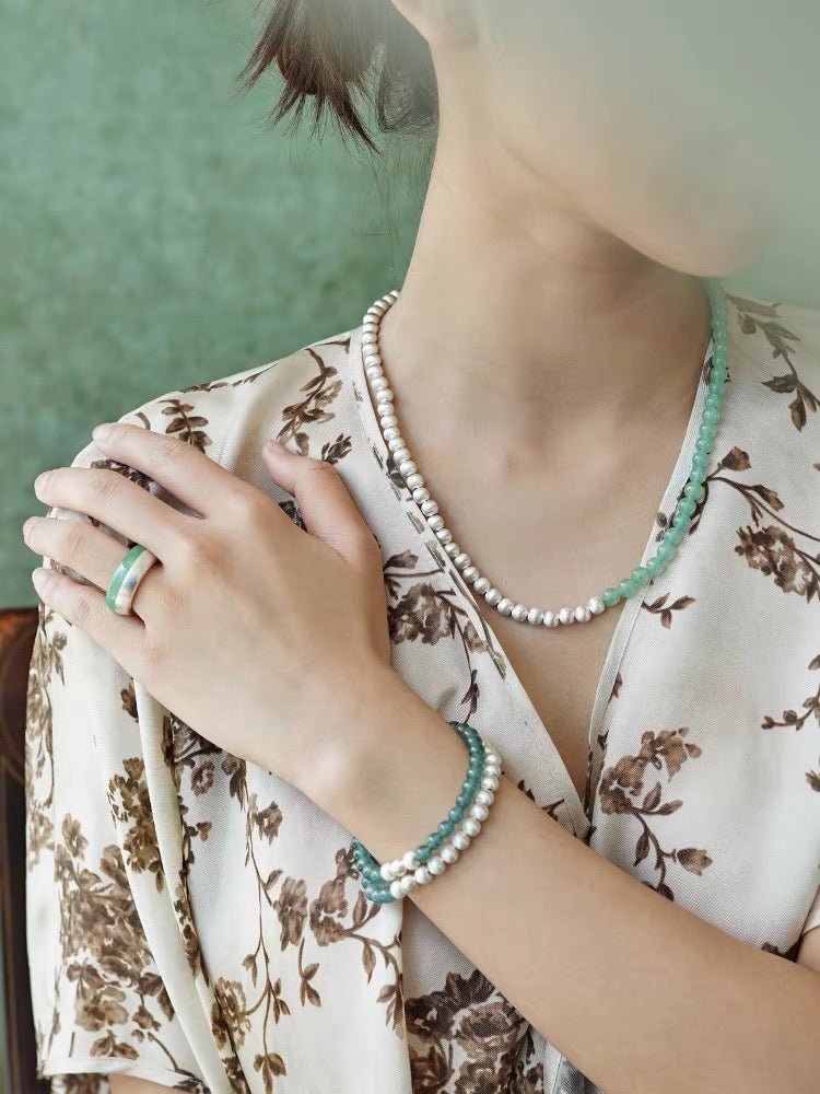 Two-Tone Brushed S925 Silver & Green Aventurine Beaded Necklace - floysun