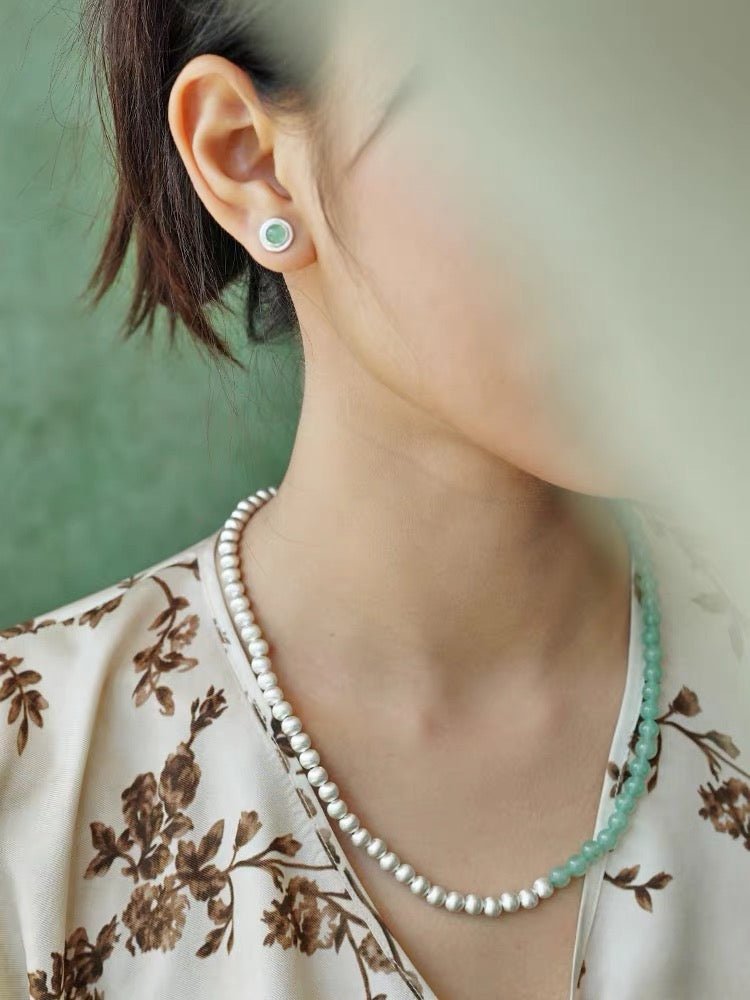Two-Tone Brushed S925 Silver & Green Aventurine Beaded Necklace - floysun