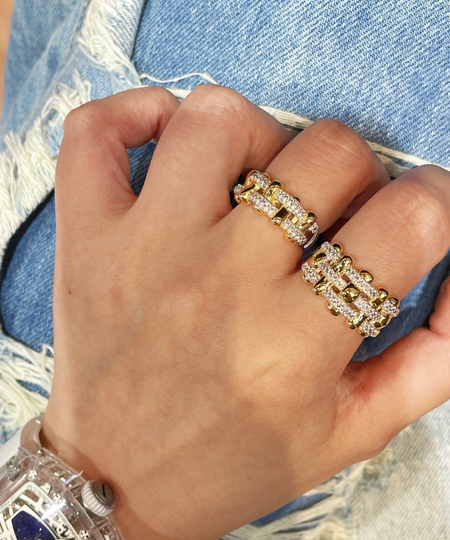 Two - Tone Checkered Pavé Slim Ring - floysun