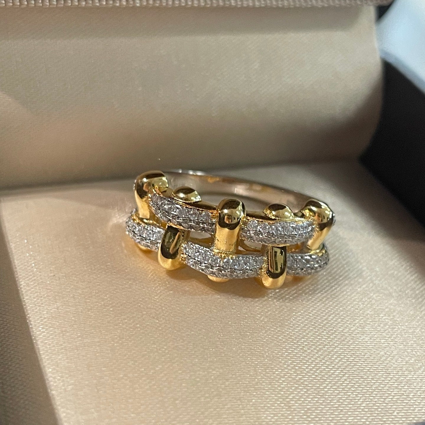 Two - Tone Checkered Pavé Slim Ring - floysun