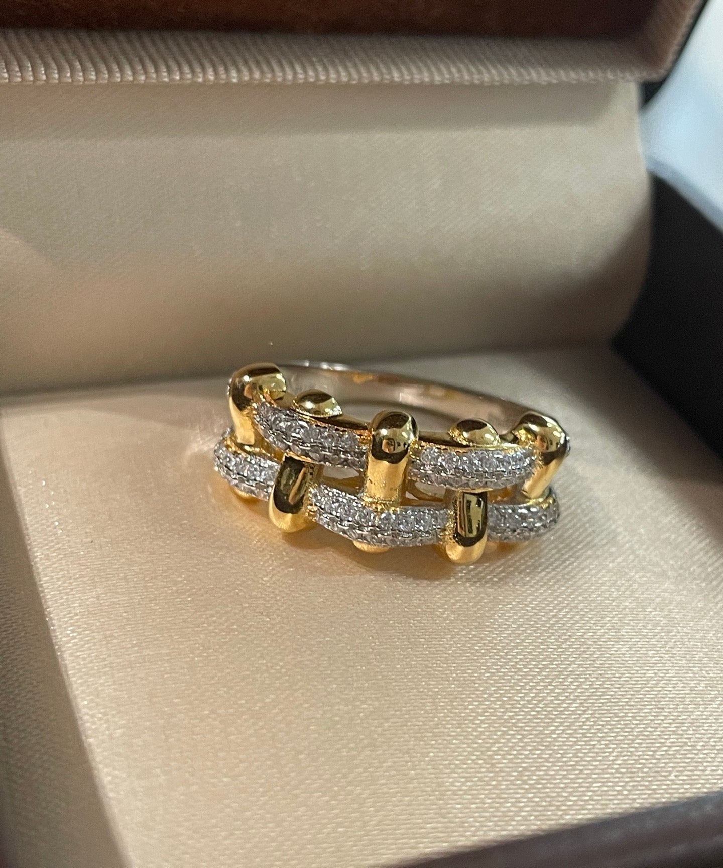 Two - Tone Checkered Pavé Slim Ring - floysun