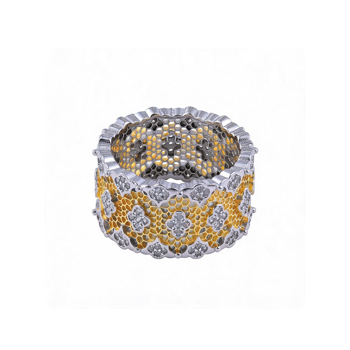 Two-Tone Clover Pavé Lace Band Ring - floysun