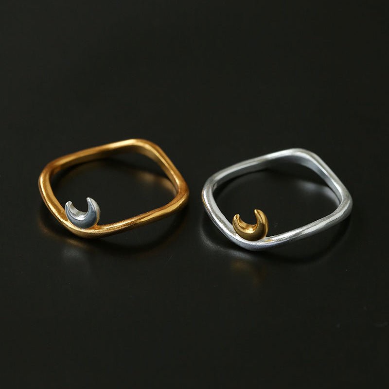 Two-Tone Crescent Moon Square Band Ring - floysun