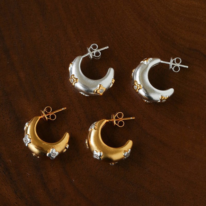 Two-Tone Floral Puffy Crescent Hoop Earrings - floysun