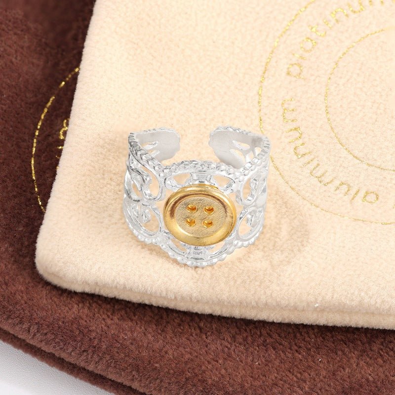Two-Tone Lace Button Adjustable Ring - floysun