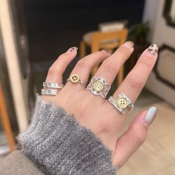 Two-Tone Lace Button Adjustable Ring - floysun