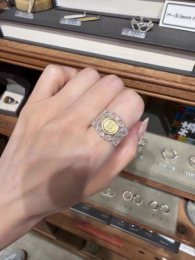 Two-Tone Lace Button Adjustable Ring - floysun