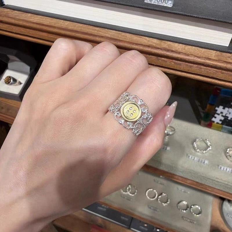Two-Tone Lace Button Adjustable Ring - floysun