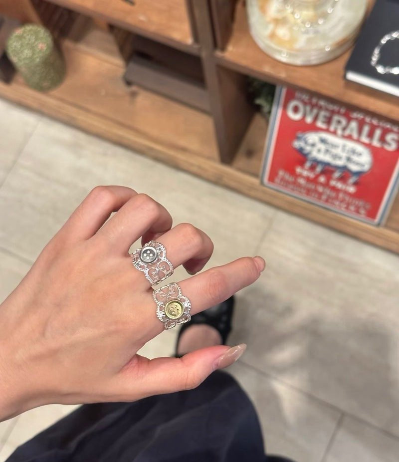 Two-Tone Lace Button Adjustable Ring - floysun