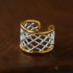 Two-Tone Openwork Lattice Wide Slightly Adjustable Ring - floysun