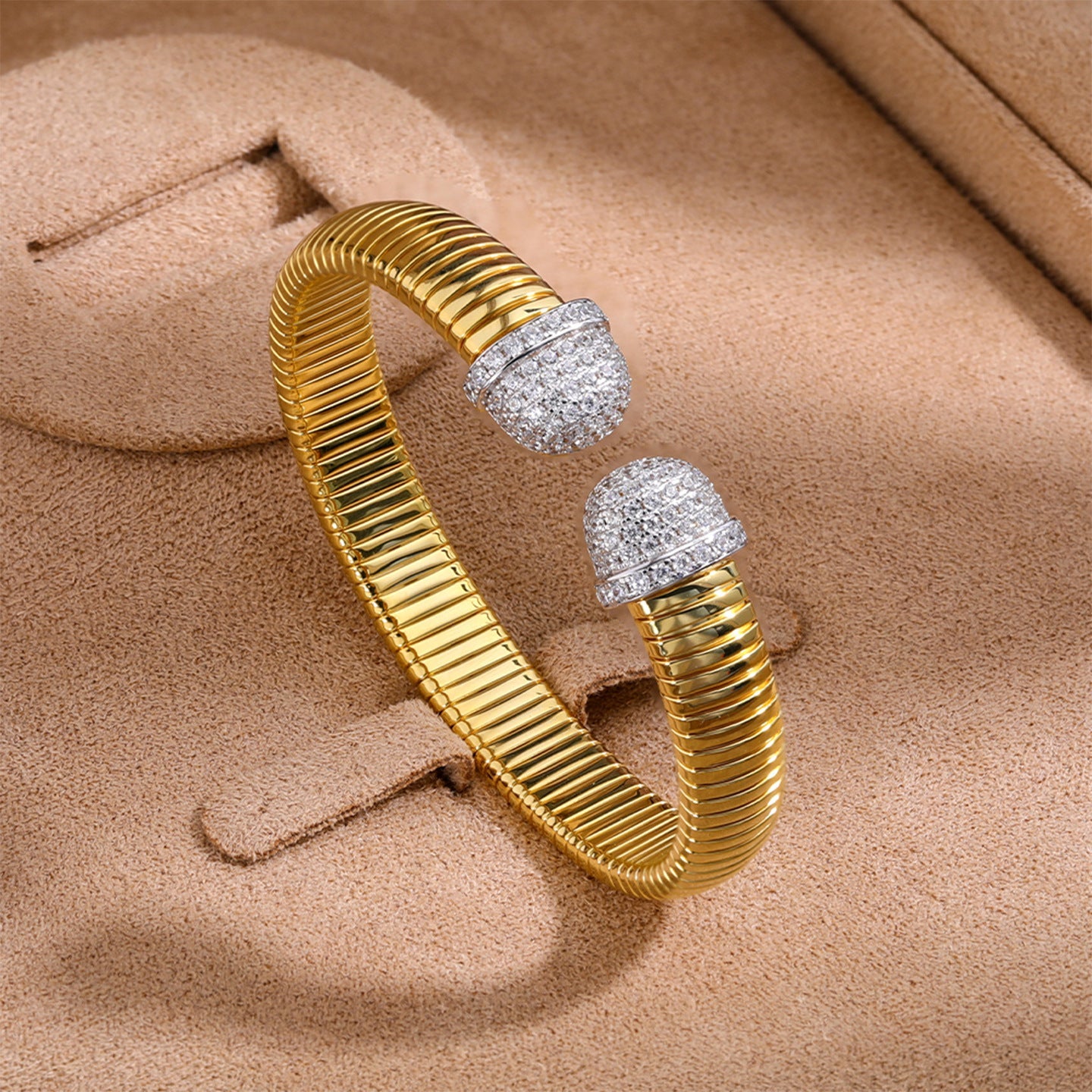 Two-Tone Pavé Round-End Open Cuff Bracelet - floysun