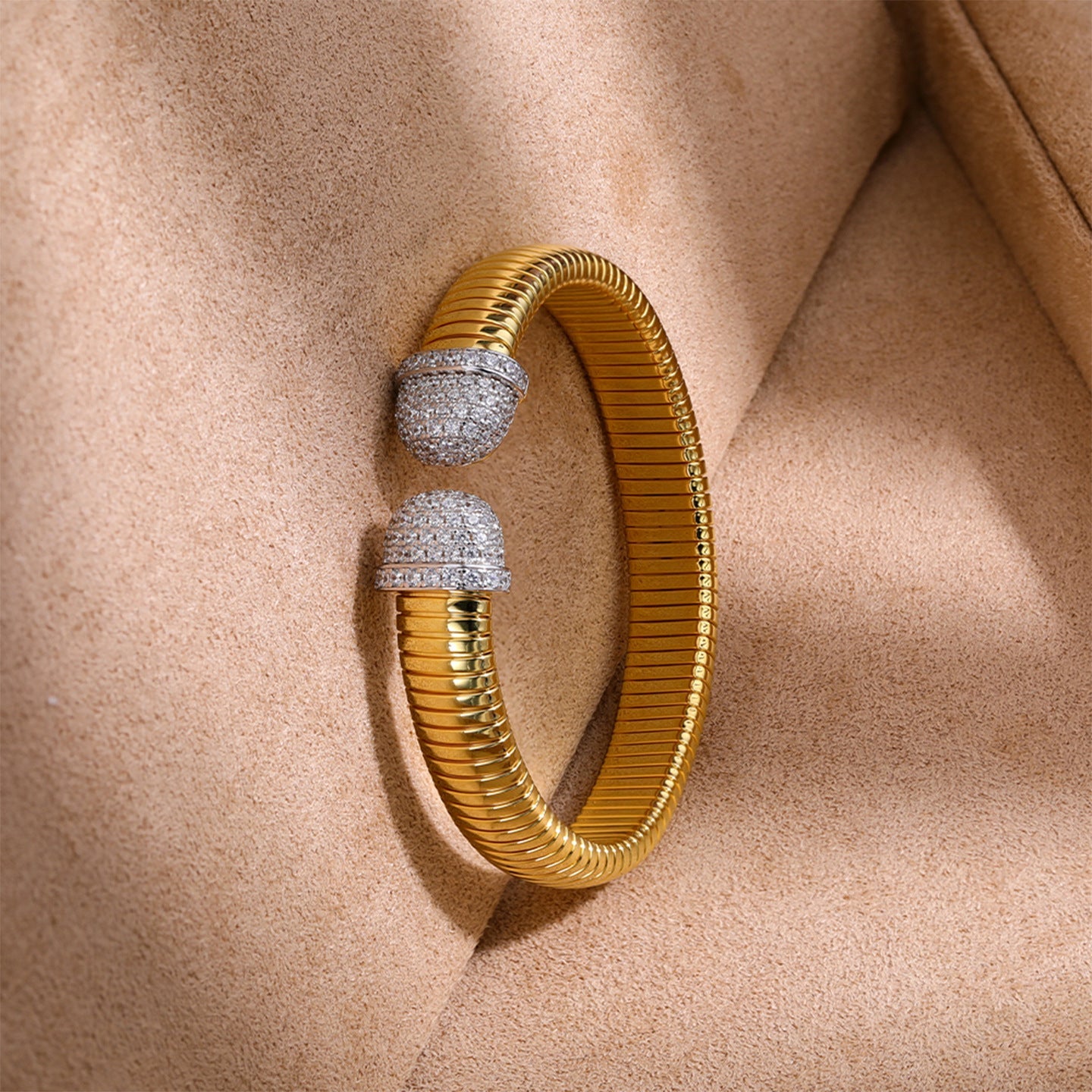 Two-Tone Pavé Round-End Open Cuff Bracelet - floysun