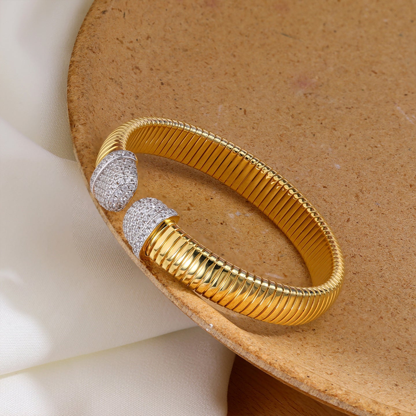 Two-Tone Pavé Round-End Open Cuff Bracelet - floysun