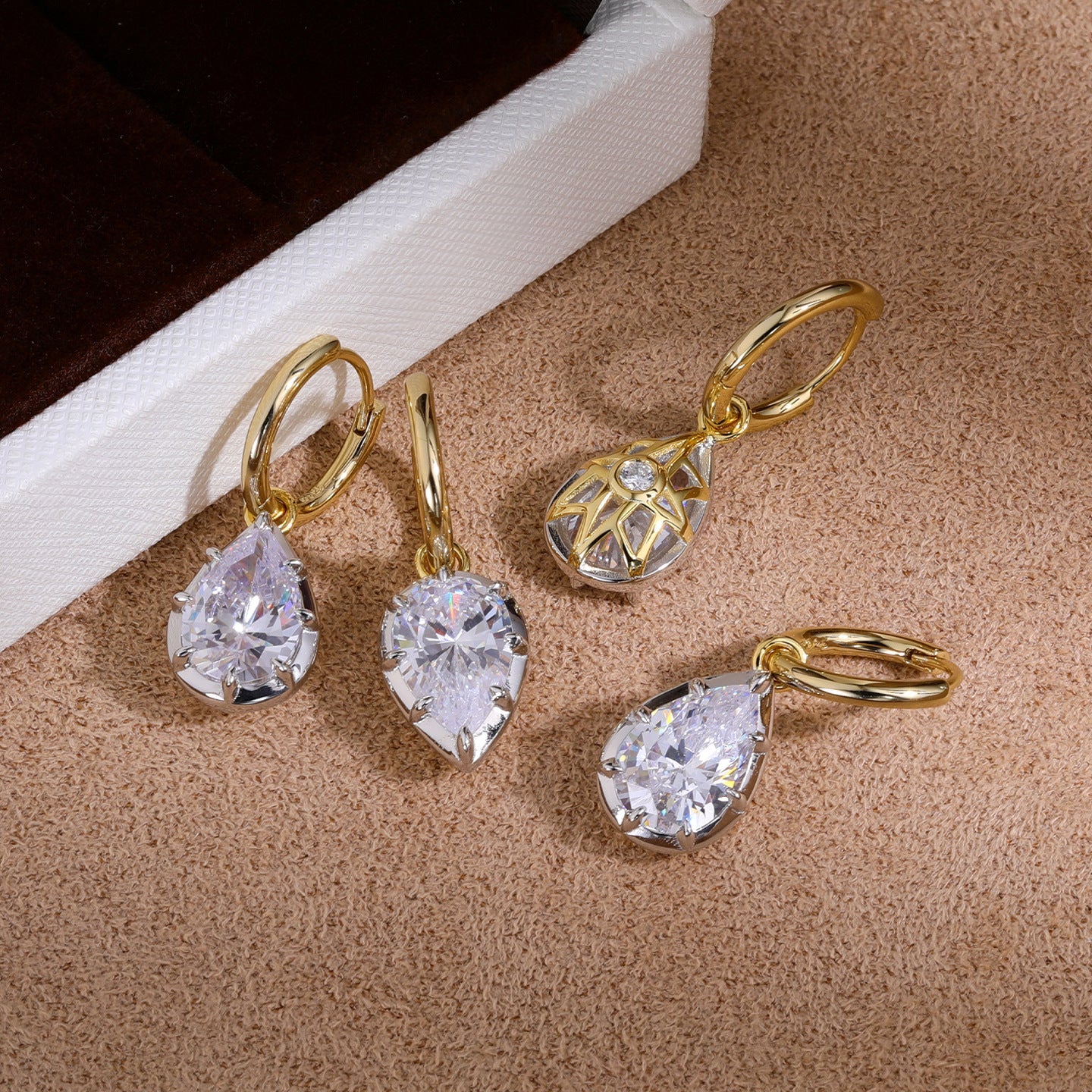 Two-Tone Pear-Cut CZ Drop Earrings - floysun