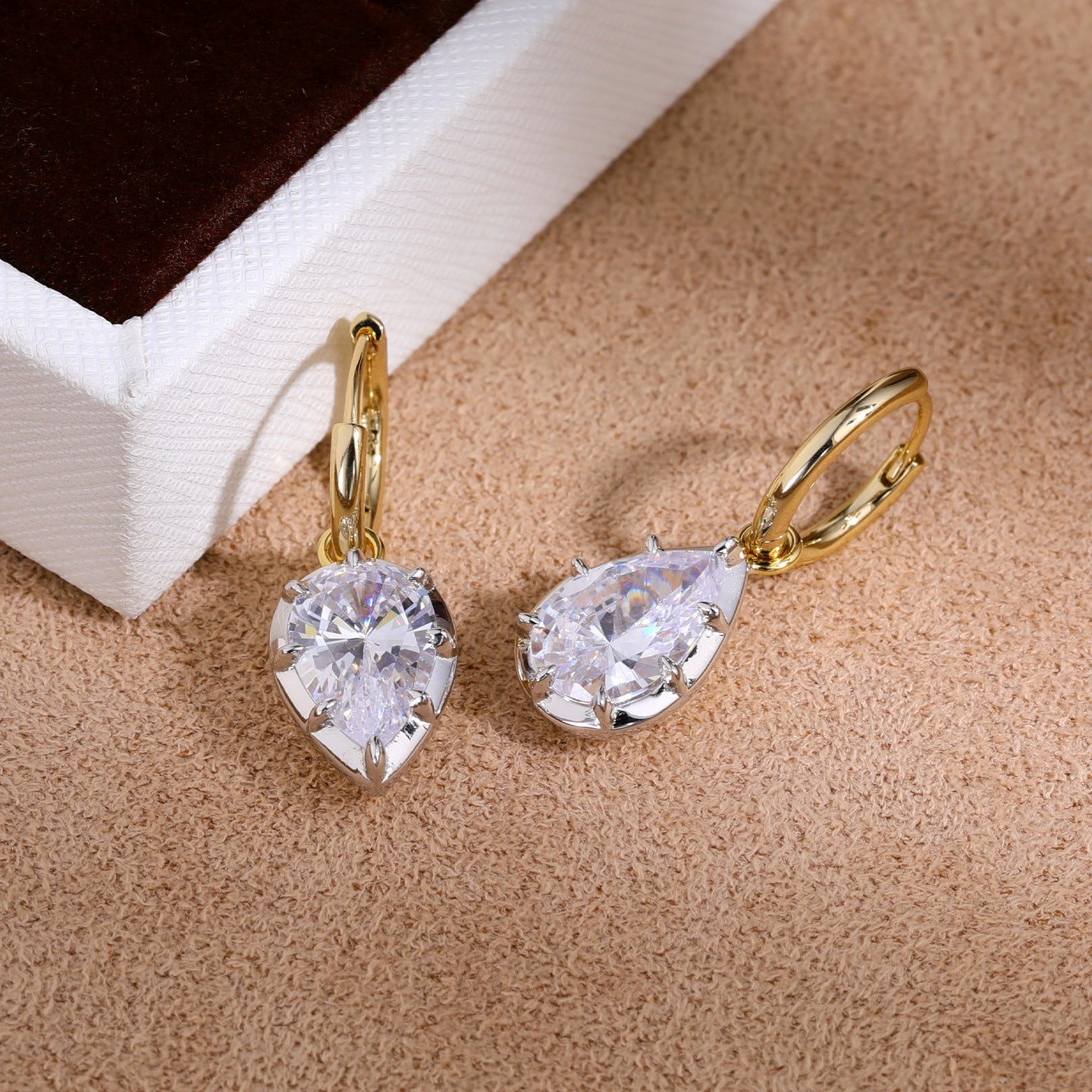 Two-Tone Pear-Cut CZ Drop Earrings - floysun