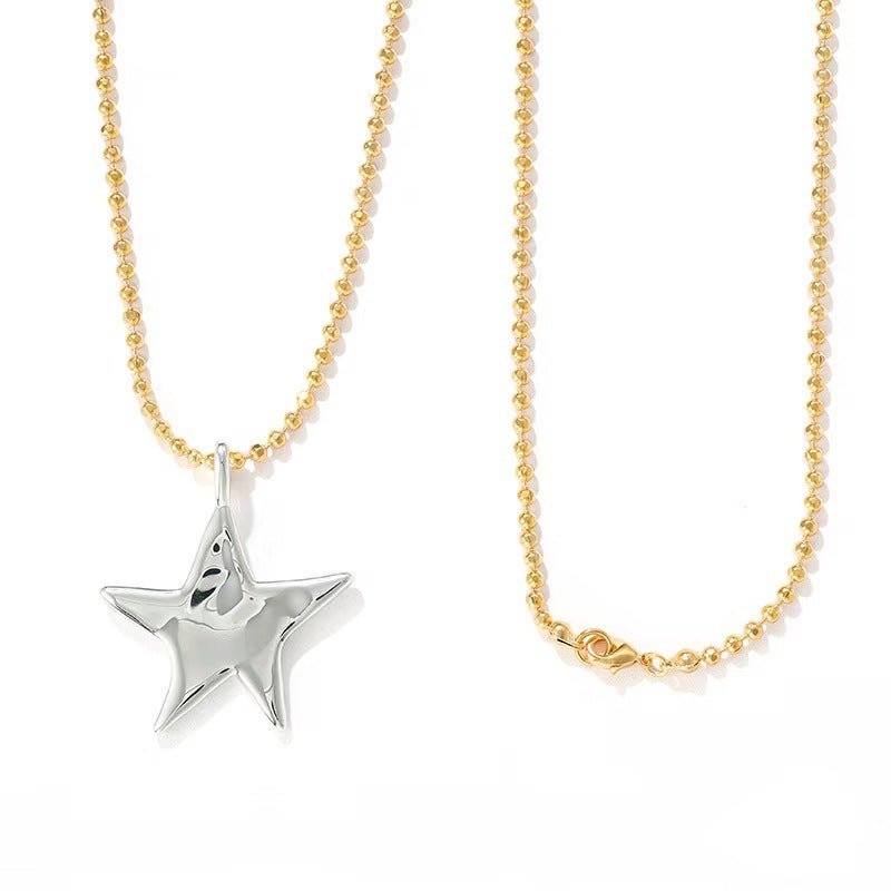 Two-Tone Sculptural Star Pendant Long Necklace - floysun