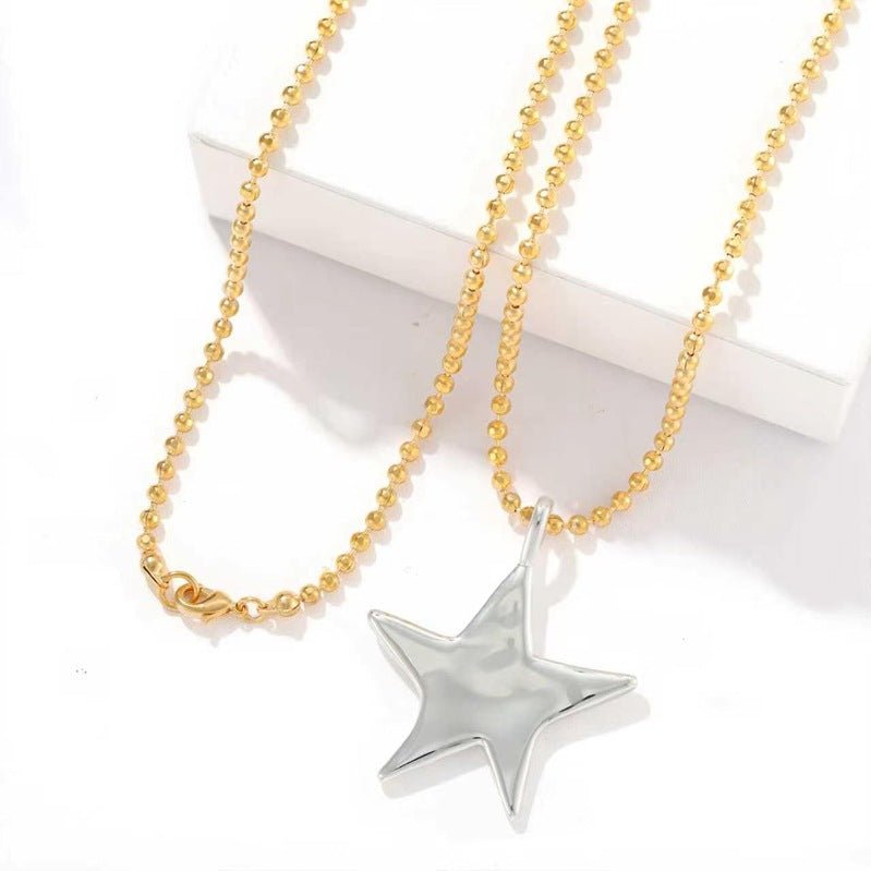 Two-Tone Sculptural Star Pendant Long Necklace - floysun