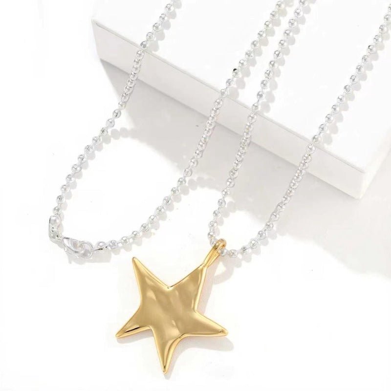 Two-Tone Sculptural Star Pendant Long Necklace - floysun