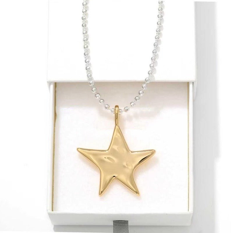 Two-Tone Sculptural Star Pendant Long Necklace - floysun