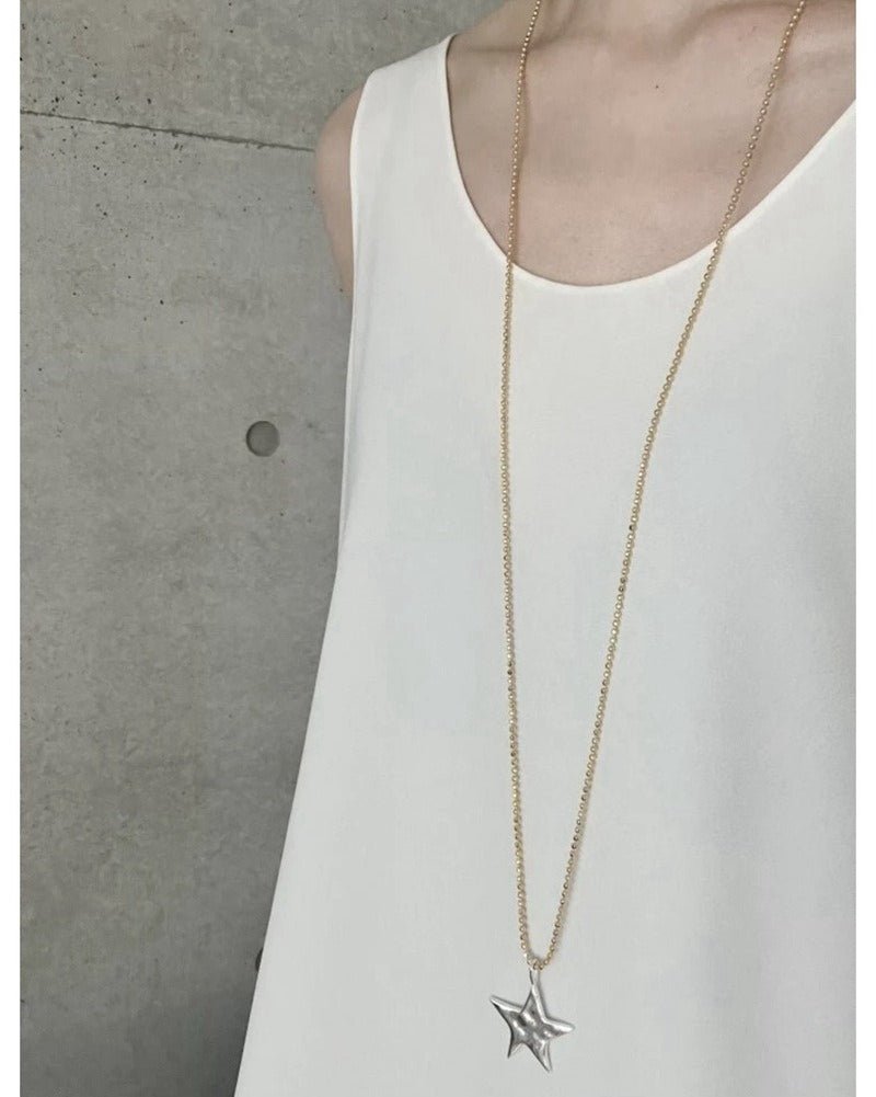 Two-Tone Sculptural Star Pendant Long Necklace - floysun
