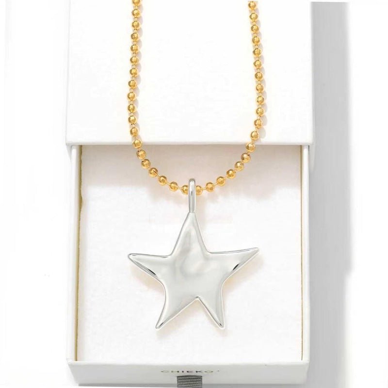 Two-Tone Sculptural Star Pendant Long Necklace - floysun
