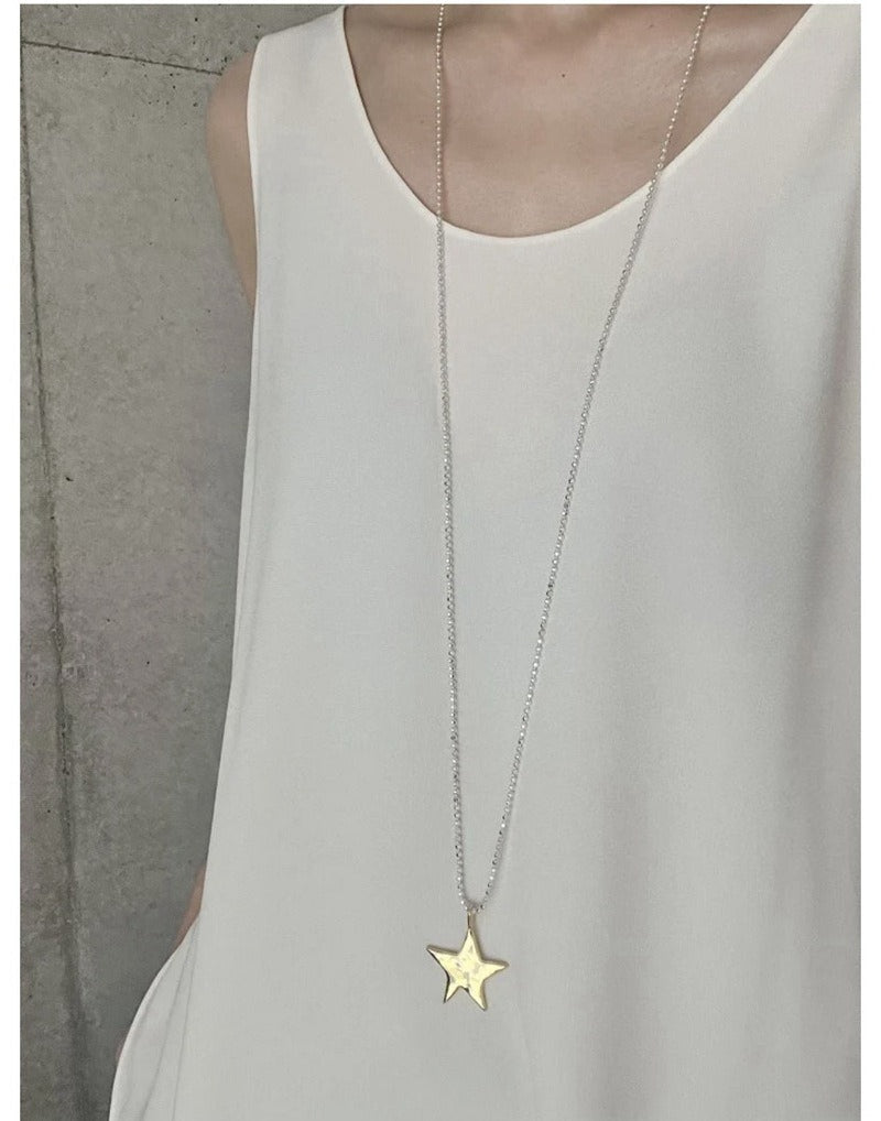 Two-Tone Sculptural Star Pendant Long Necklace - floysun