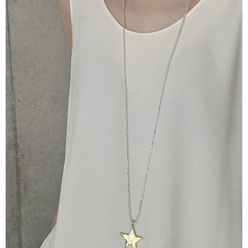 Two-Tone Sculptural Star Pendant Long Necklace - floysun