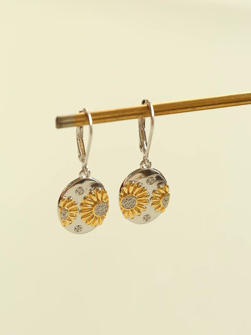 Two - Tone Sunflower Drop Earrings – 925 Sterling Silver - floysun