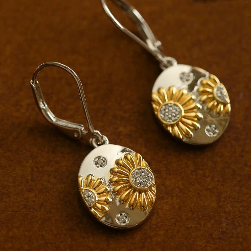 Two - Tone Sunflower Drop Earrings – 925 Sterling Silver - floysun