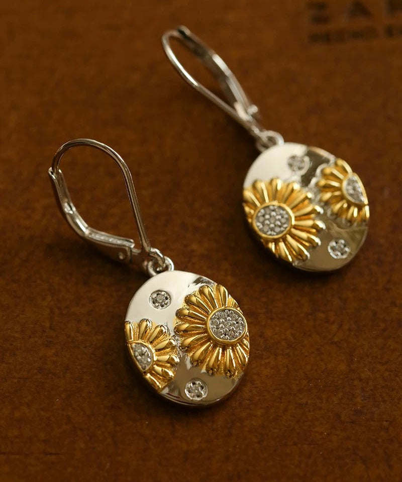 Two - Tone Sunflower Drop Earrings – 925 Sterling Silver - floysun