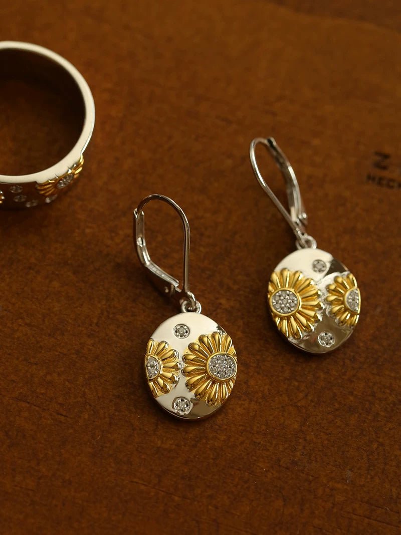 Two - Tone Sunflower Drop Earrings – 925 Sterling Silver - floysun