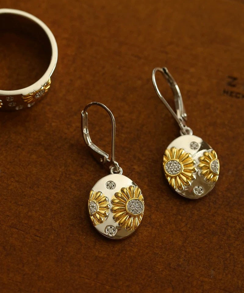 Two - Tone Sunflower Drop Earrings – 925 Sterling Silver - floysun