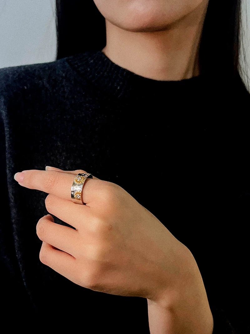 Two - Tone Sunflower Ring – 925 Sterling Silver - floysun