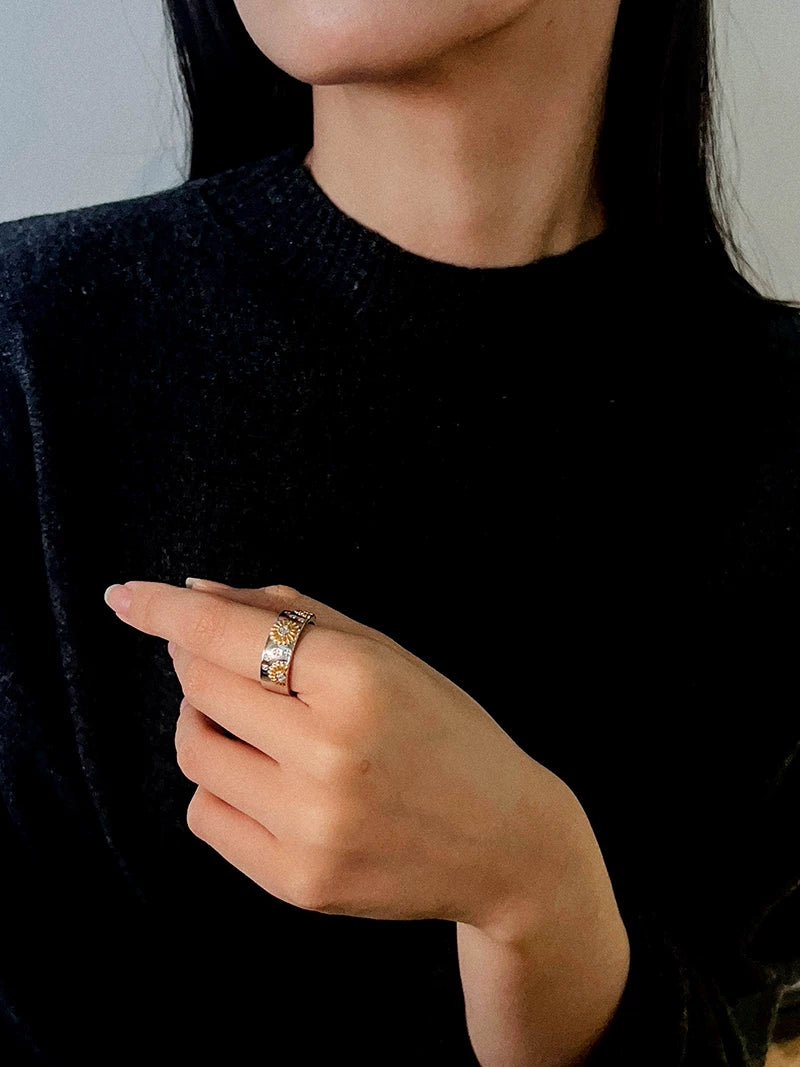 Two - Tone Sunflower Ring – 925 Sterling Silver - floysun