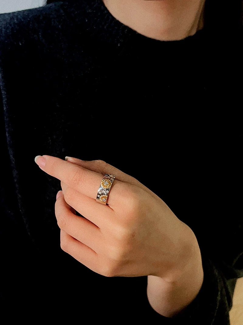 Two - Tone Sunflower Ring – 925 Sterling Silver - floysun