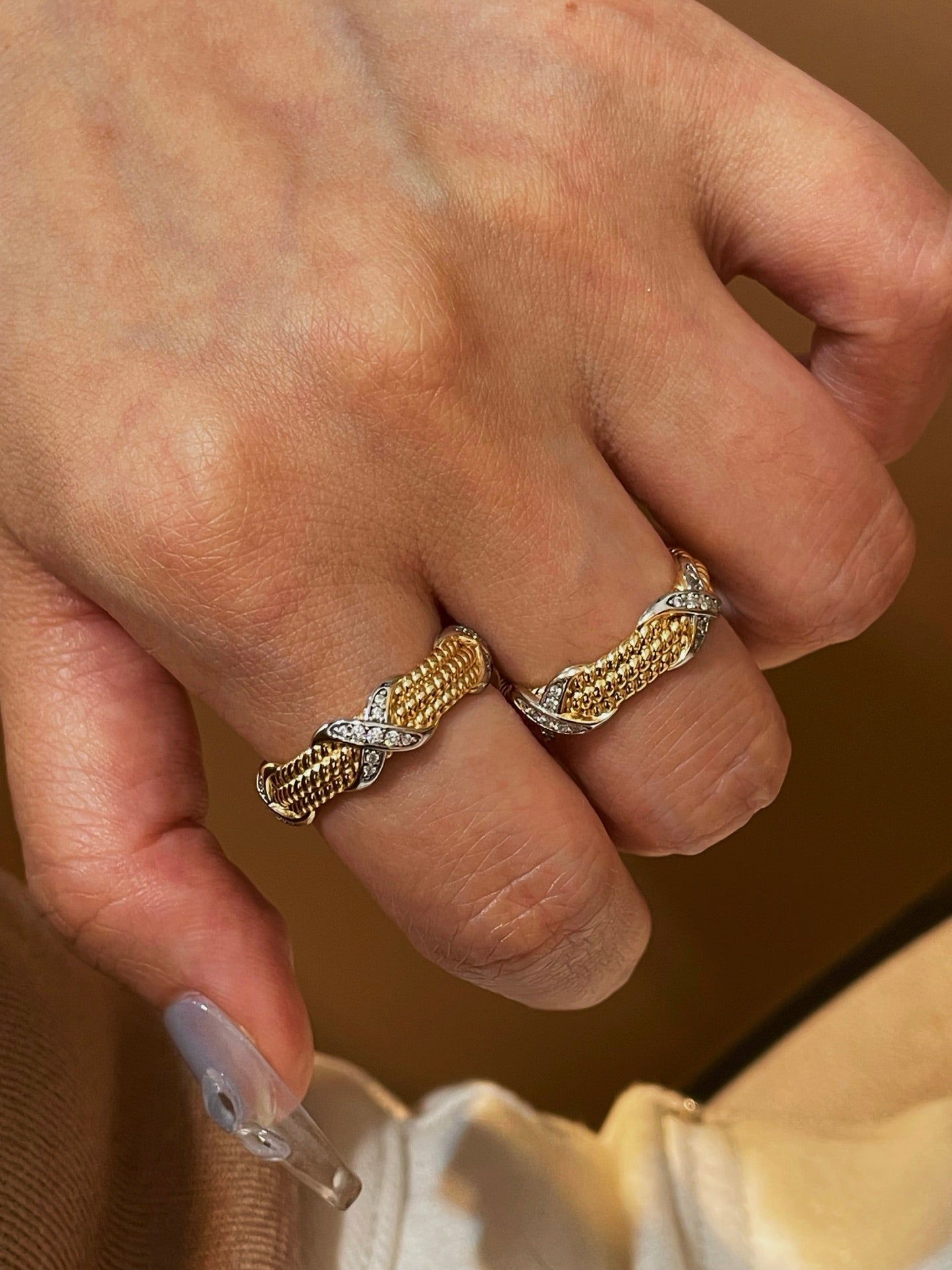 Two-Tone Triple-Row Crossover Textured Ring - floysun