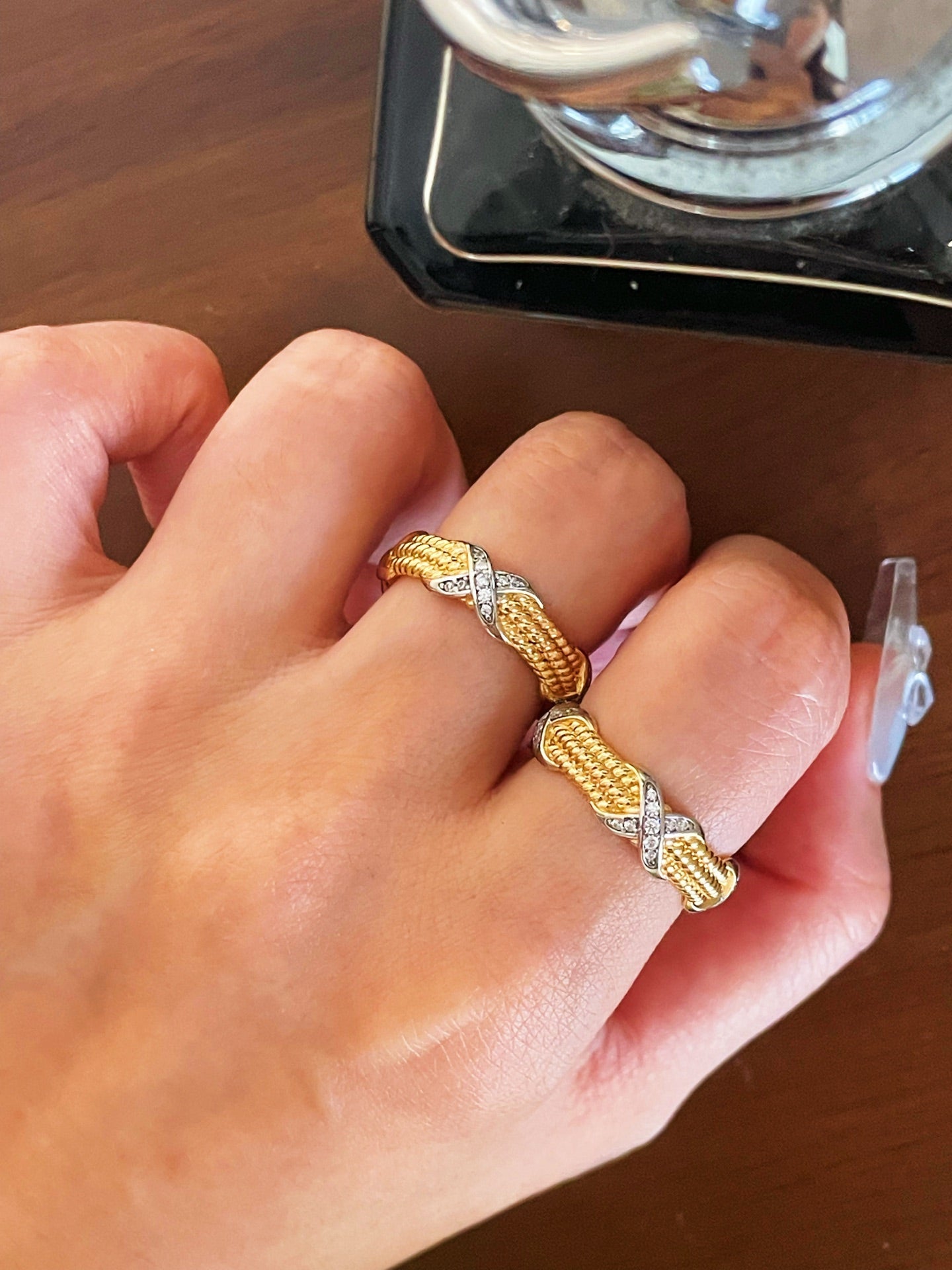Two-Tone Triple-Row Crossover Textured Ring - floysun