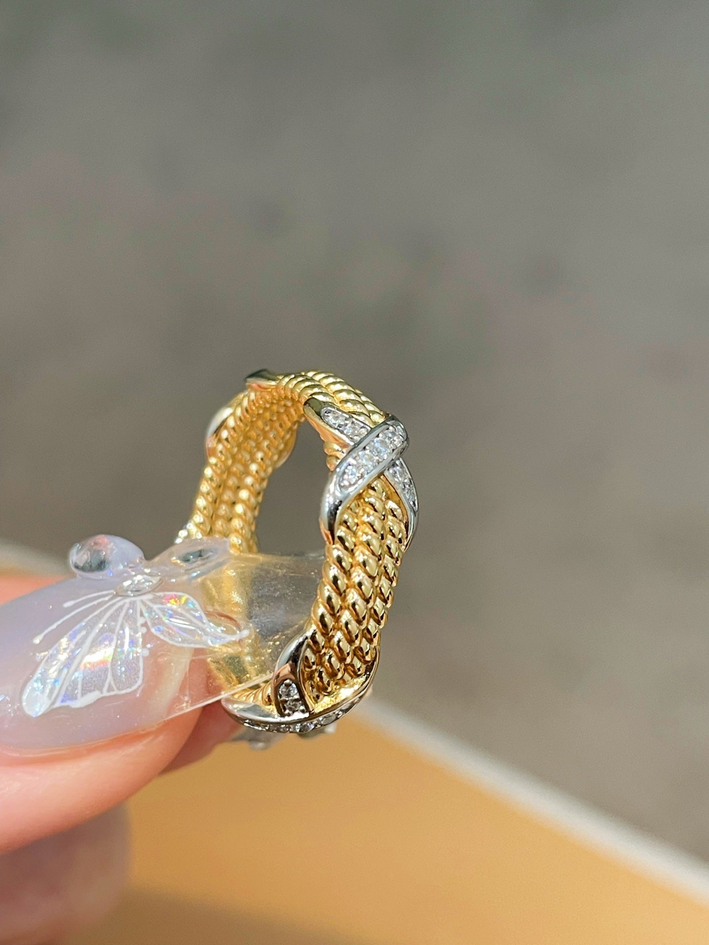 Two-Tone Triple-Row Crossover Textured Ring - floysun