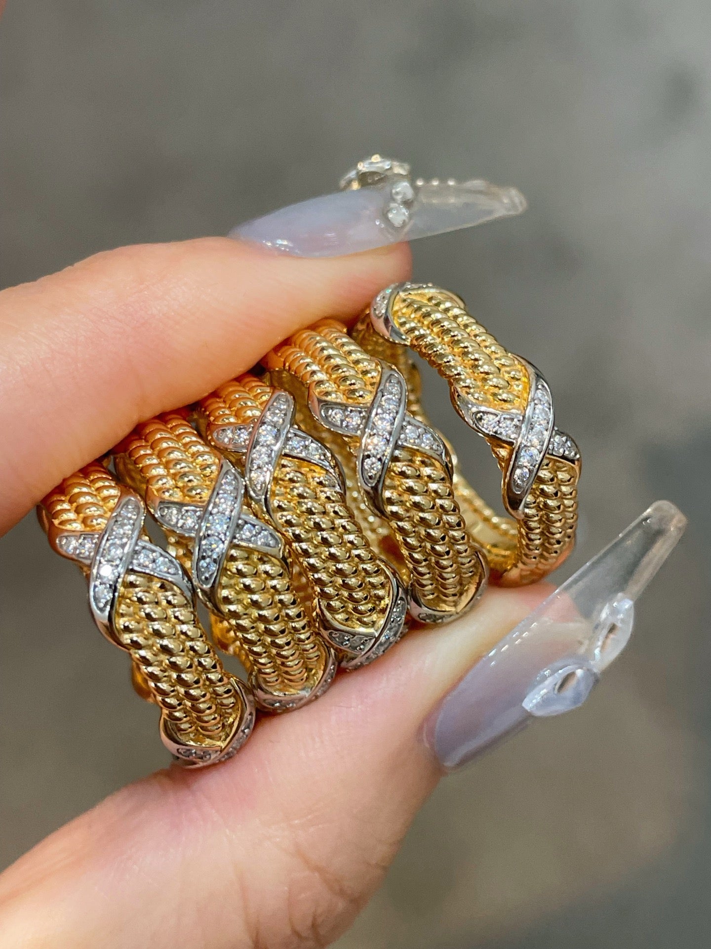 Two-Tone Triple-Row Crossover Textured Ring - floysun