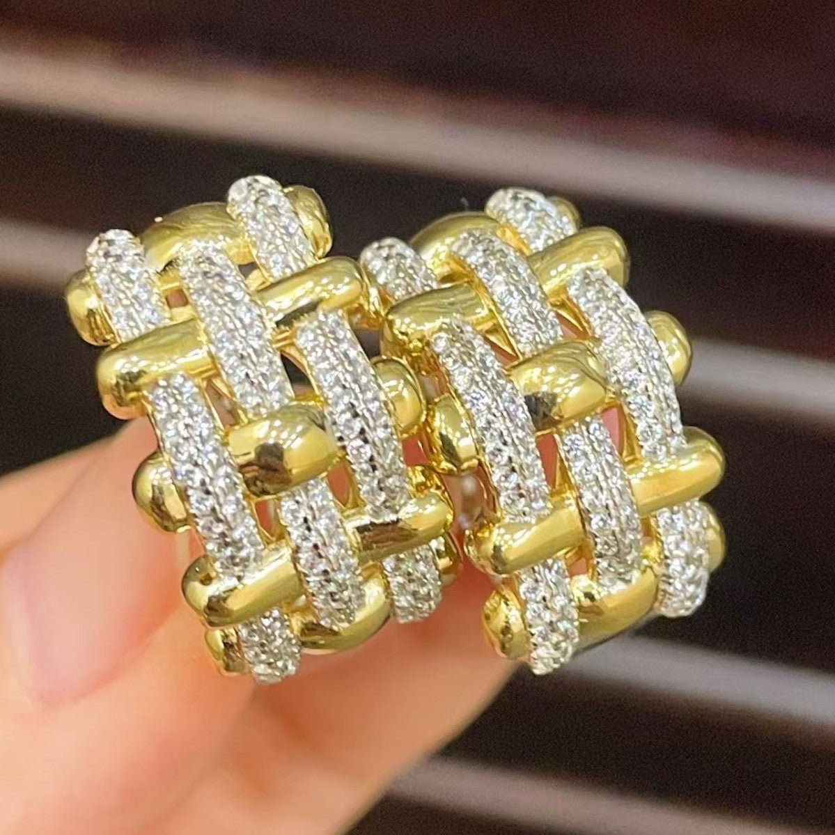 Two-Tone Woven Grid Paved Hoop Earrings - floysun