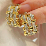 Two-Tone Woven Grid Paved Hoop Earrings - floysun