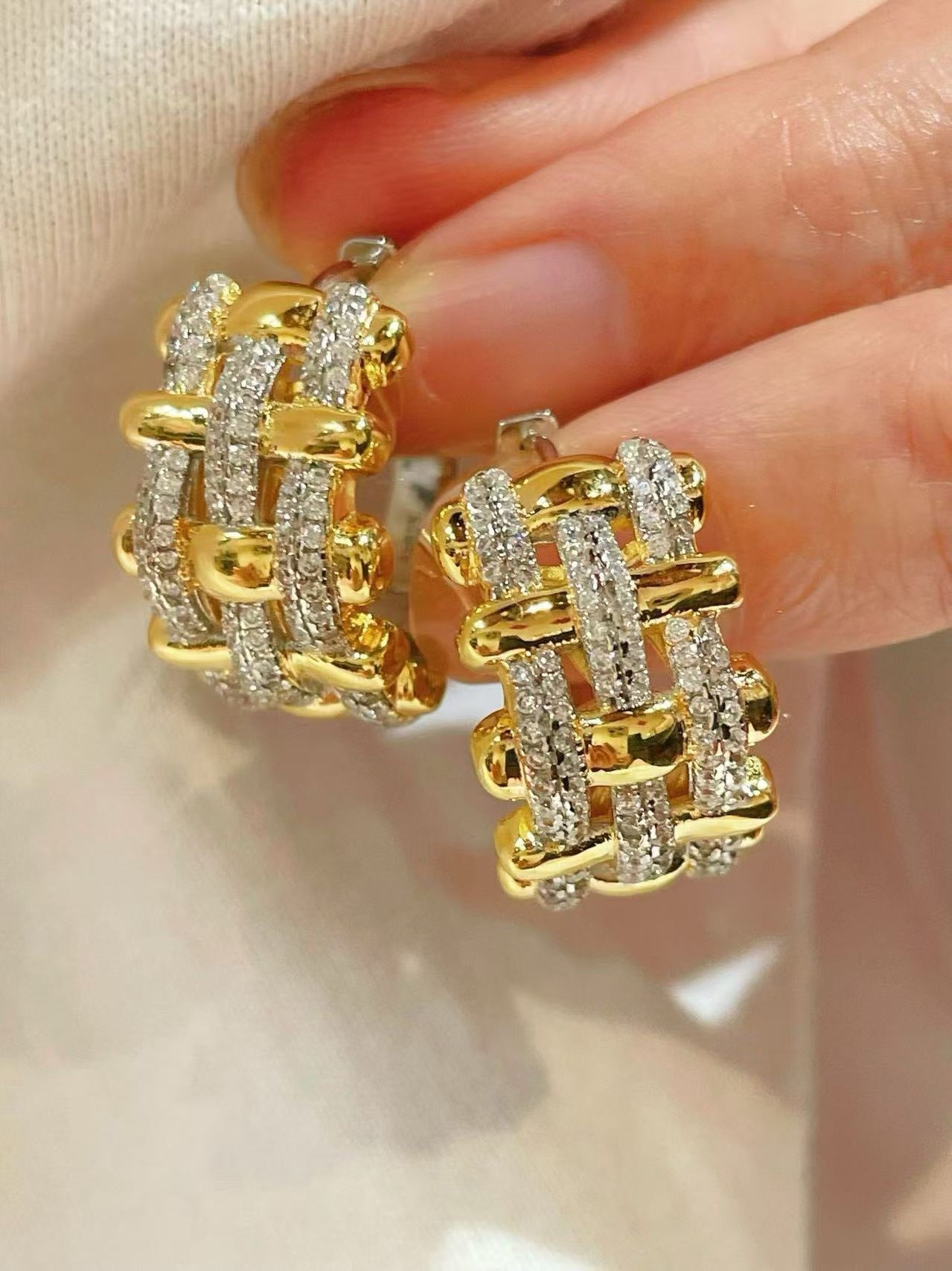 Two-Tone Woven Grid Paved Hoop Earrings - floysun