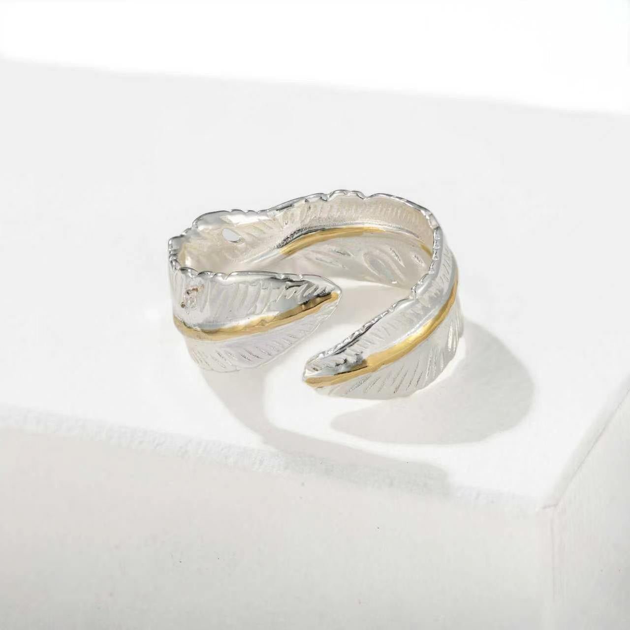 Two‑Tone Feather Open Band 925 Silver Ring - floysun