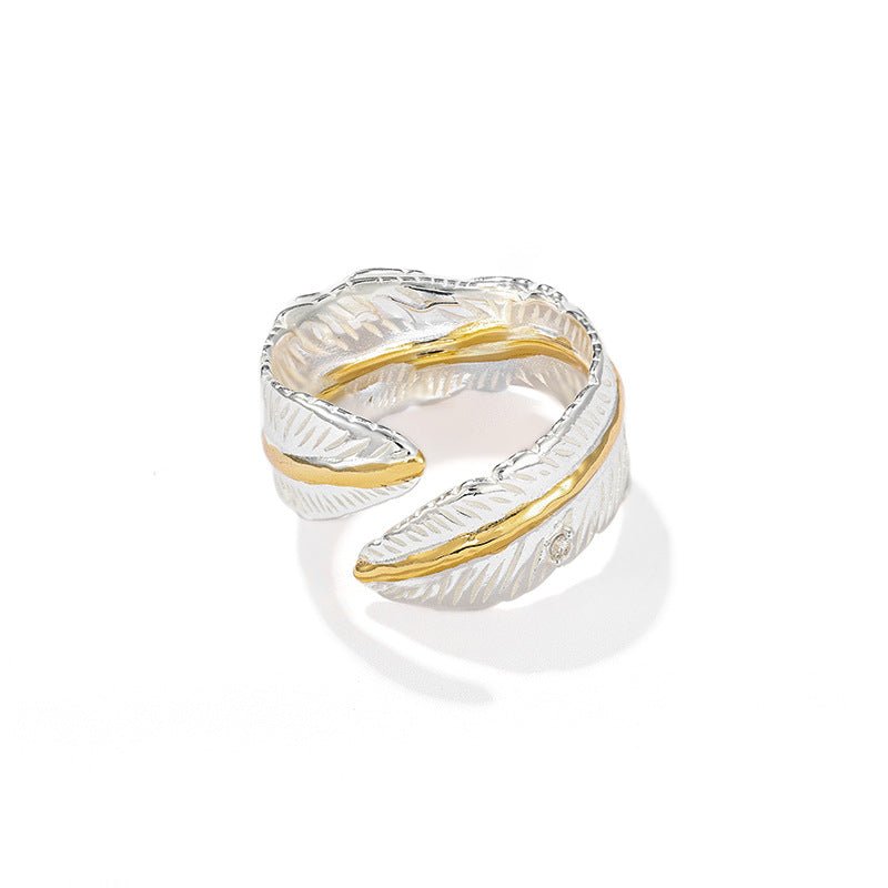 Two‑Tone Feather Open Band 925 Silver Ring - floysun