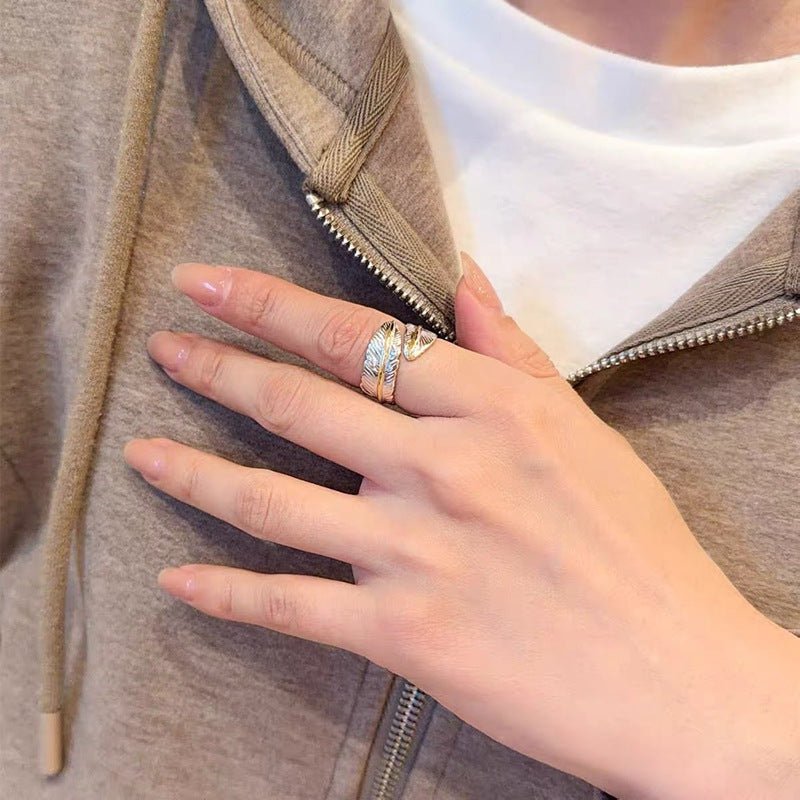Two‑Tone Feather Open Band 925 Silver Ring - floysun