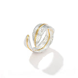 Two‑Tone Feather Open Band 925 Silver Ring - floysun
