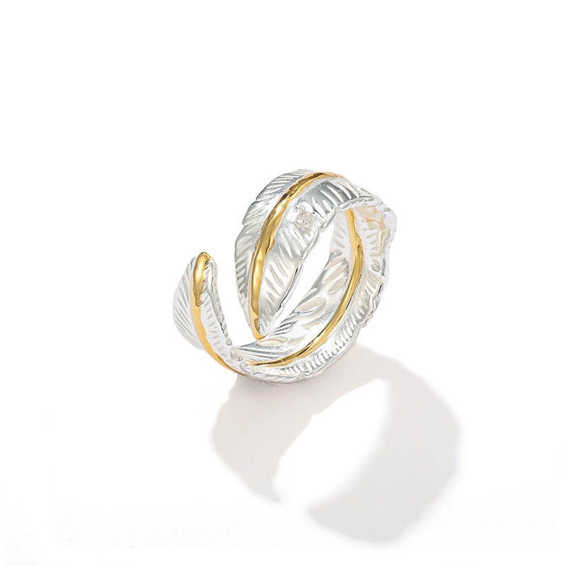 Two‑Tone Feather Open Band 925 Silver Ring - floysun